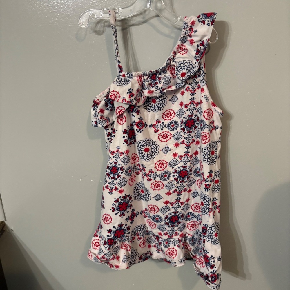Faded Glory Floral One Shoulder Ruffle Top Red White Blue‎ Sleeveless (Girls 8)
